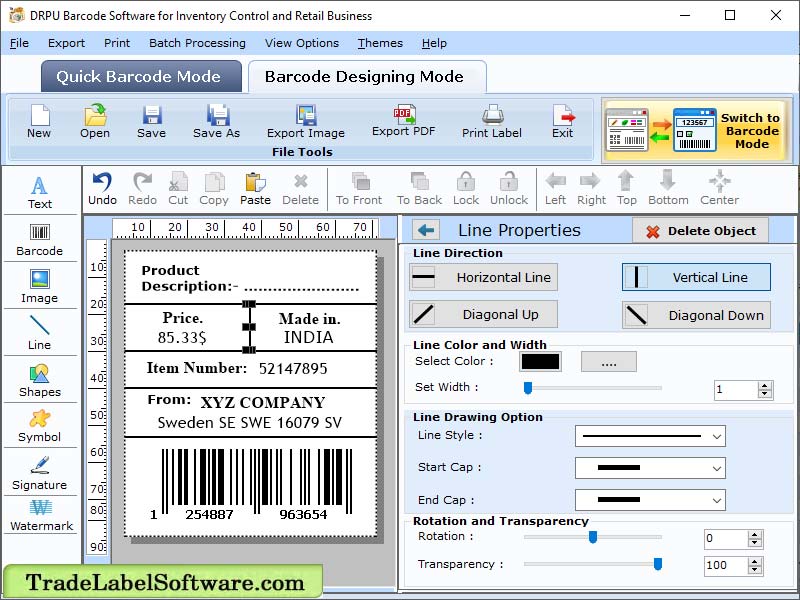 Screenshot of Barcode Label Producing Application