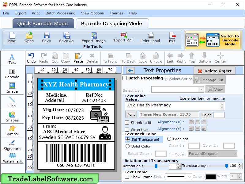 Screenshot of Medical Industry Barcode Software