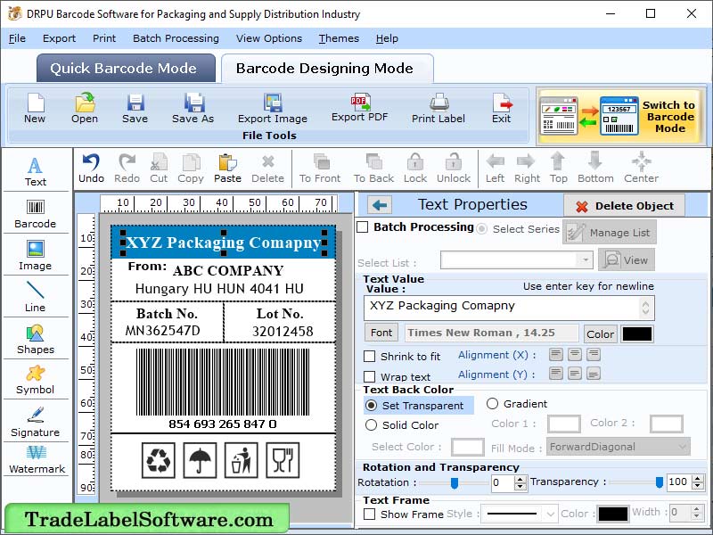 Screenshot of Software Packaging Barcode Label
