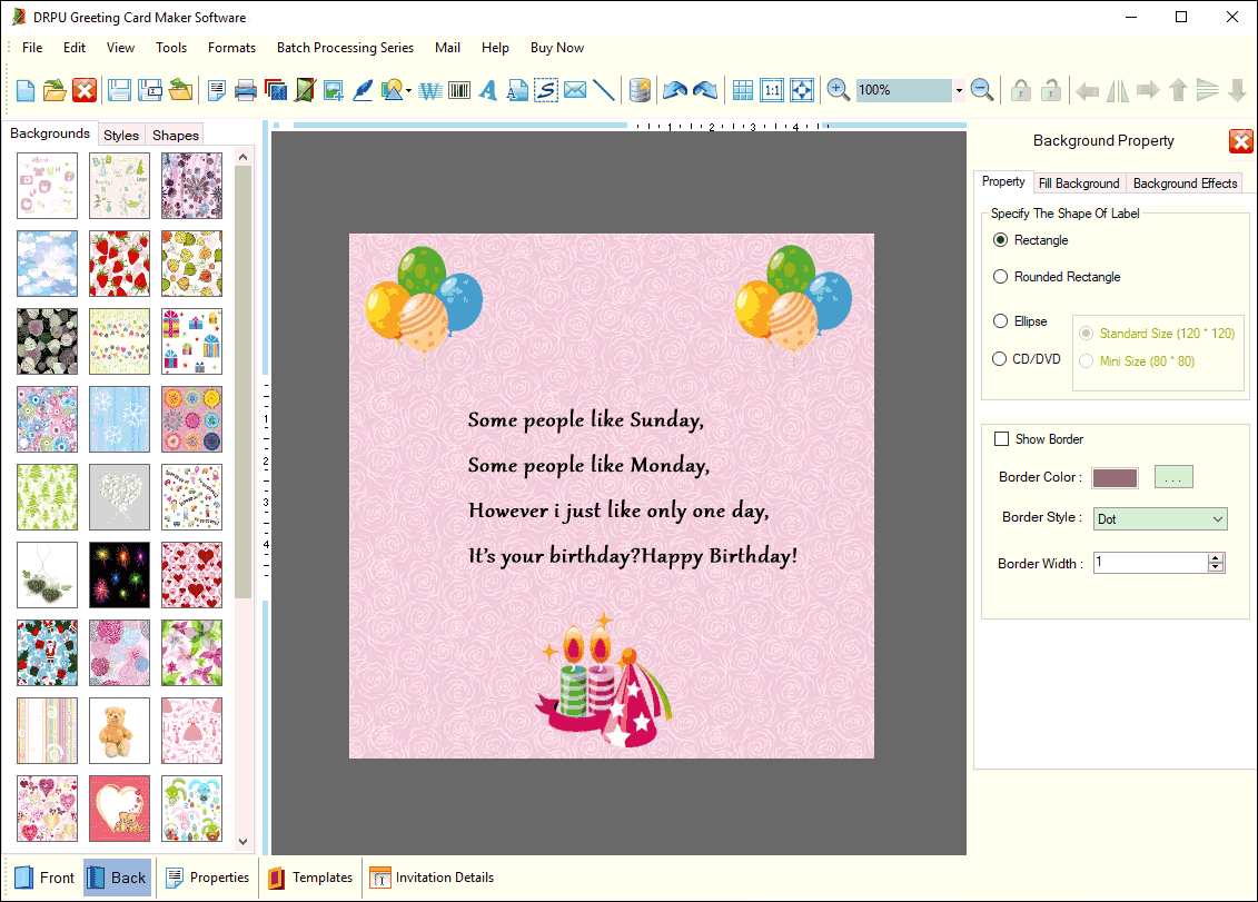 Back side of Greeting Card