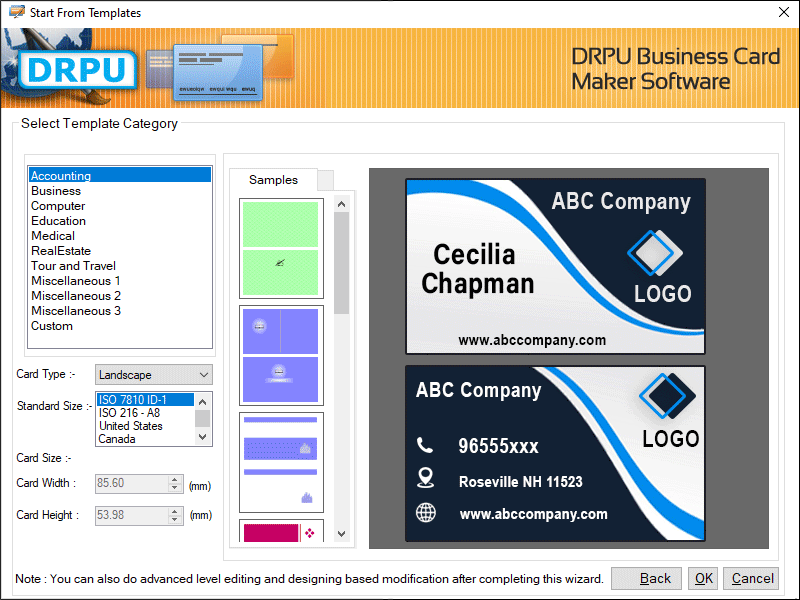 Screenshot of Windows Business Cards Printing Tool